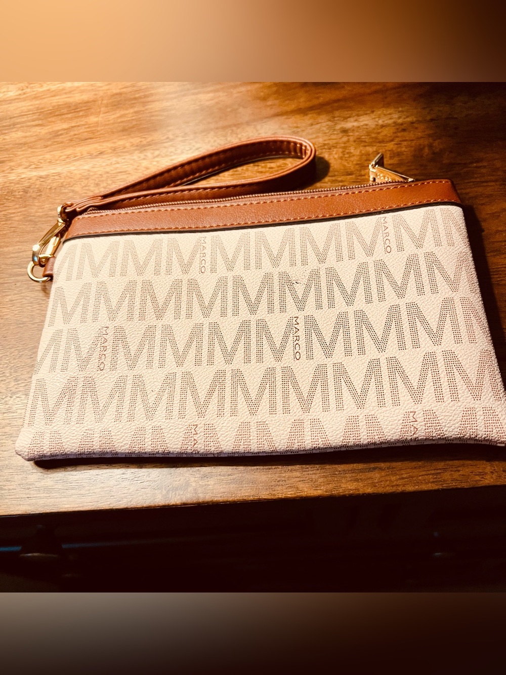 Marco Pinkish- Tan Monogram Wristlet Clutch with Brown Trim 9”x6”